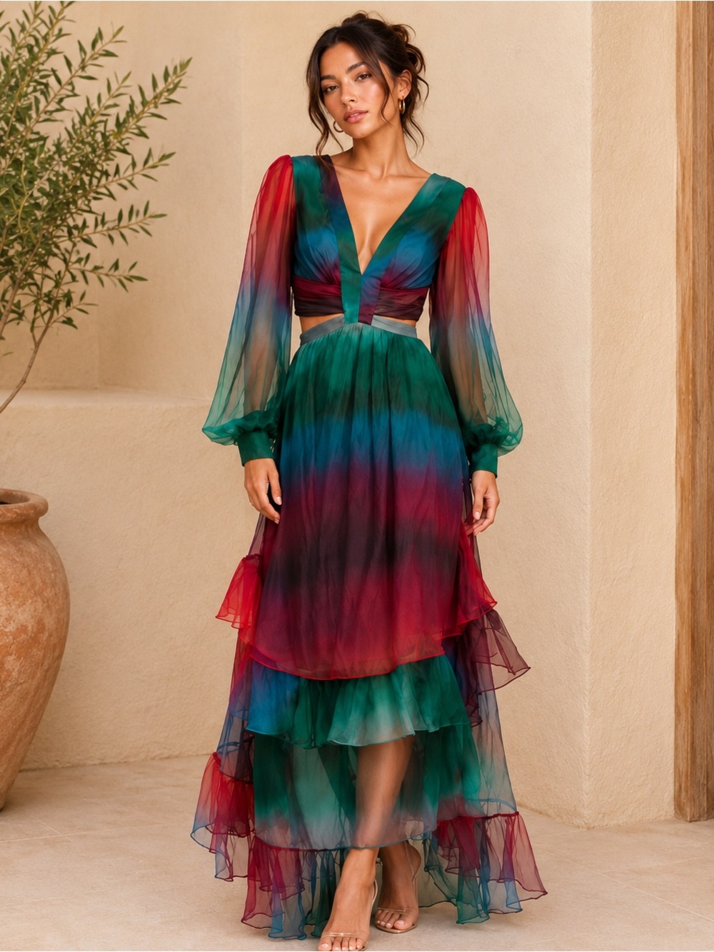PatBO Watercolor Ombre Cutout Ruffle Maxi Dress size 6